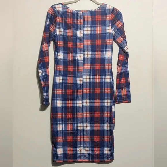 Blue Red White Plaid Long Sleeve Sheath Midi Dress - size Small - Picture 5 of 6